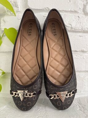 GUESS Women's Dark Brown Ballet Flats with Chain Accent